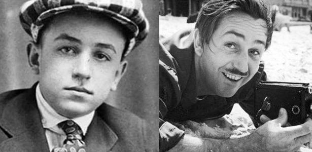 Walt Disney na adolescência; ao lado, o empresário já reconhecido